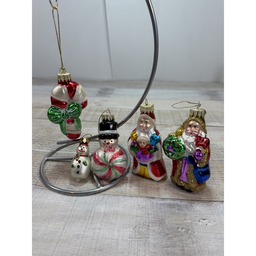 Glass Christmas Ornaments Lot of 5 Santa Snowman Candy Cane Hand Blown Style